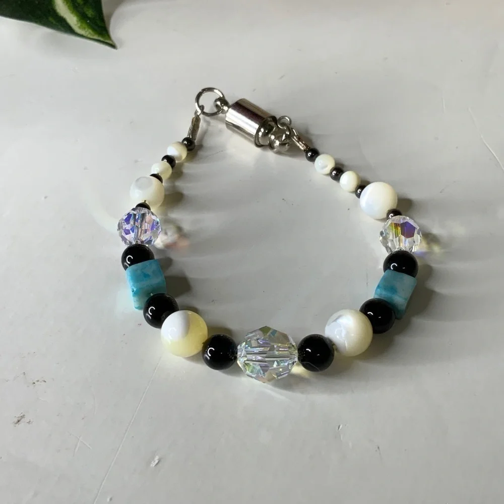 Blue Angelite Cubes Black, White Beads & Crystal Jewelry Set
